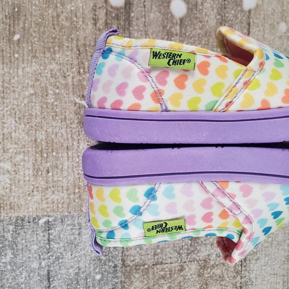 Western Chief Puddle Girls Shoes Sz 8 White Multi Heart Print Slip‎ On Sneakers